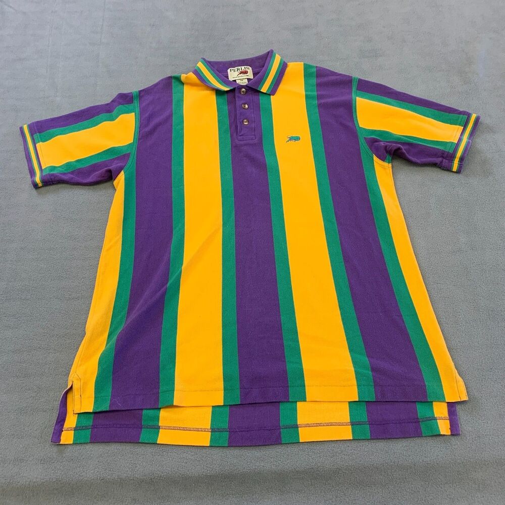 Perlis Mardi Gras Striped Crawfish Cotton Polo Shirt Medium New Orleans